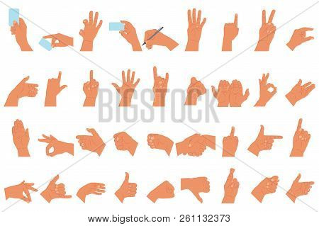 Hands Set With Different Gestures, Showing Emotions With Your Fingers And Holding A Card And Pen. Ve