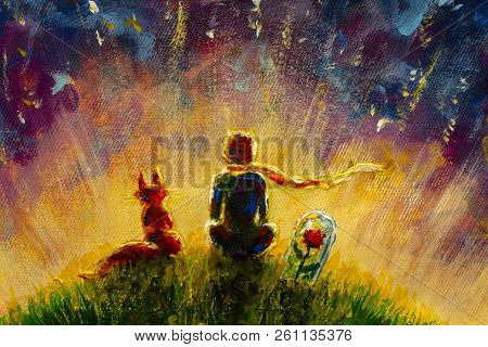 Original Oil Painting Little Prince And Fox And Red Rose Sitting On Grass Under Starry Sky. Colorful