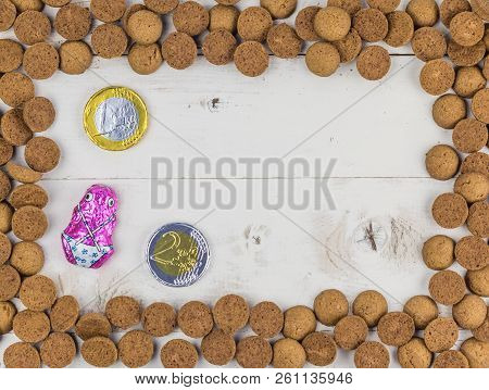 Frame Of Gingernuts And Candy And Chocolate Coins For Traditional Dutch Holiday Sinterklaas