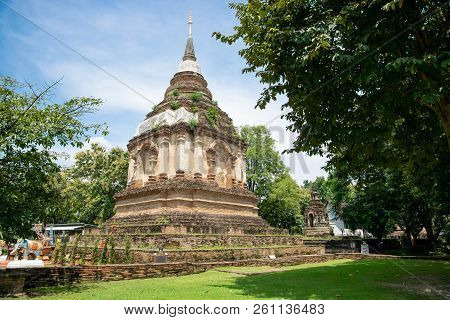 Ancient Pagod At Wat Chet Yot,  Old Buddhist Temple In Chiang Mai In Northern Thailand