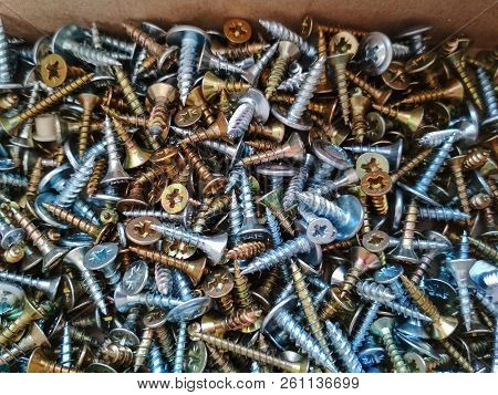 Ironmongery Silver Bronze Iron Stainless Steel Tapping Screw Background Texture Macro Photo