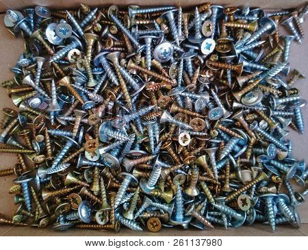 Ironmongery Silver Bronze Iron Stainless Steel Tapping Screw Background Texture Macro Photo