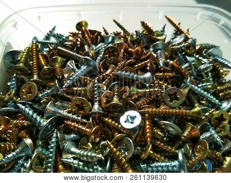 Ironmongery Silver Bronze Iron Stainless Steel Tapping Screw Background Texture Macro Photo