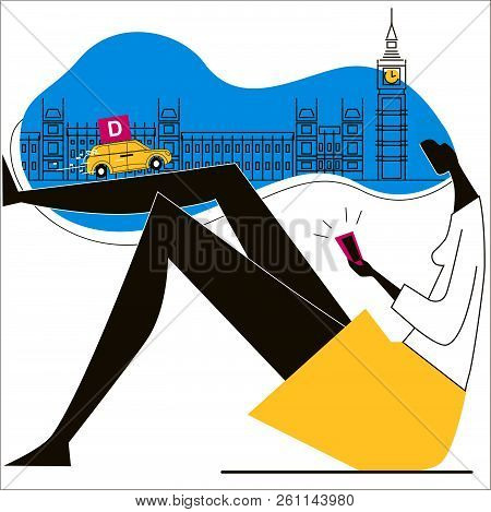 Express Delivery London Big Ban Woman With Telephone Calls The Delivery Taxi Vector Illustration