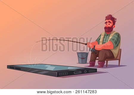 Fisherman With Fishing Rod. Fishing For Compliments. Cartoon Vector Illustration. Likes On A Social 