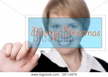 grattes de negocio mujer casarse con pulsador de Navidad sobre fondo blanco