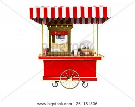 Modern Sale Of Popcorn From A Red Cart 3d Render On White Background No Shadow