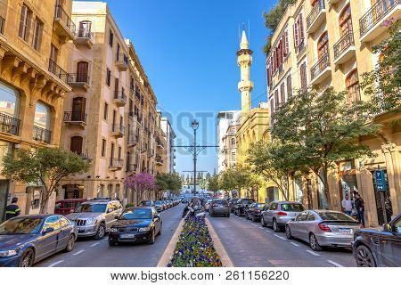 Beirut, Lebanon - Feb 5th 2018 - Amazing Very Modern Area In Beirut Downtown, Cars, Flowers, Mosque 