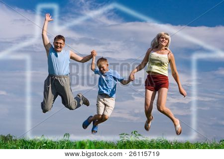 hoppa lycklig familj på blå himmel i house of dream