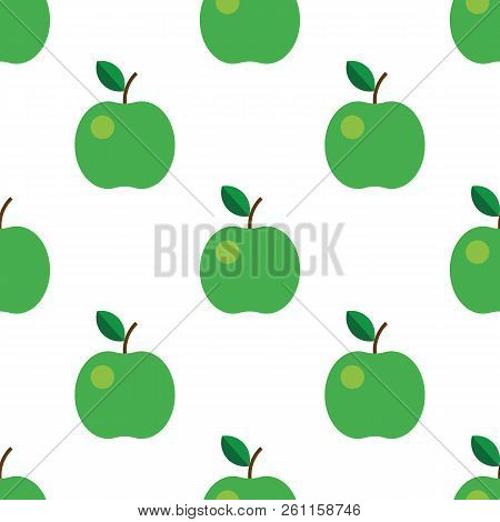 Seamless Pattern With Green Apples. Vector Illustration. Fruit, Leaf, On White Background. For Kitch