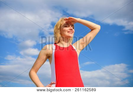 Girl Blonde Lady Smiling Enjoy Warm Sunlight Blue Sky With Clouds Background. Girl Playful Mood Coqu