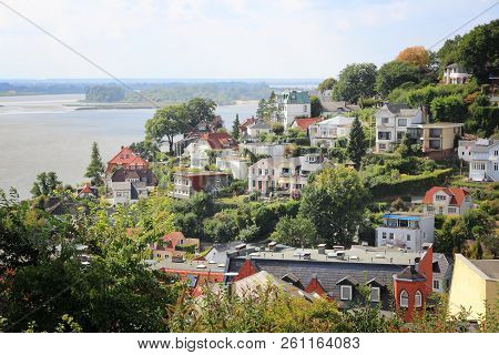 Blankenese, Suburb Of Villas In Hamburg, Germany. View With Elbe River. District Of Altona.