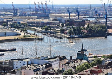 Hamburg, Germany - August 28, 2014: Aerial View Of Port Of Hamburg In Germany. The Seaport Is The 15