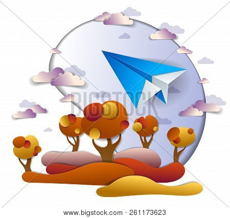 Origami Paper Plane Toy Flying In The Autumn Sky Over Red And Yellow Meadows And Trees, Perfect Vect