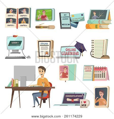 Online Education Orthogonal Set With Learning Courses App In Phone And Notebook Tutorials Diploma An