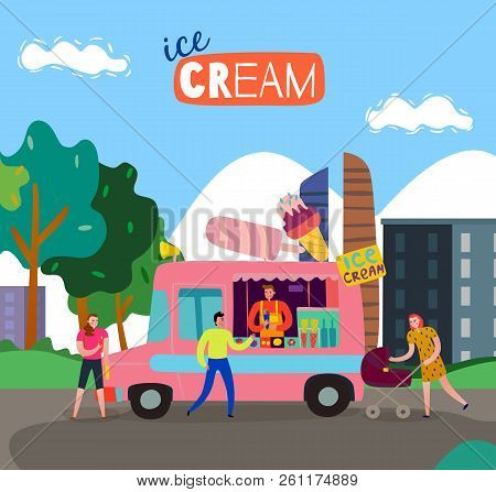 Food Cart With Ice Cream Csrt Symbols Flat Vector Illustration