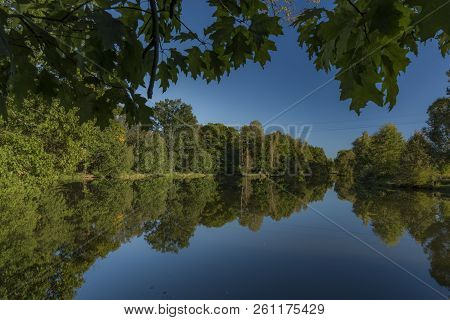 Blue Malse River In Autumn Sunny Evening In Budweis City
