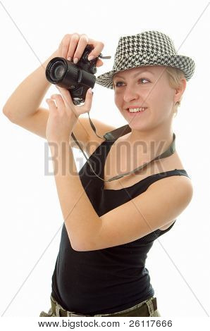 kobieta z aparatu fotograficznego na biały