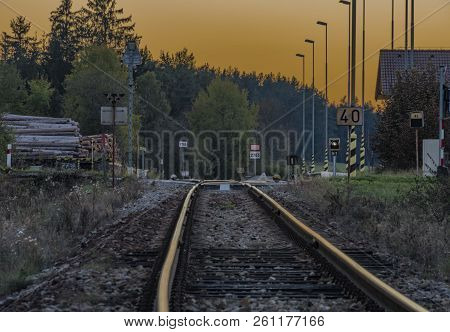 Railroad Track Near Zbytiny Station In Sunset Time In Sumava National Park