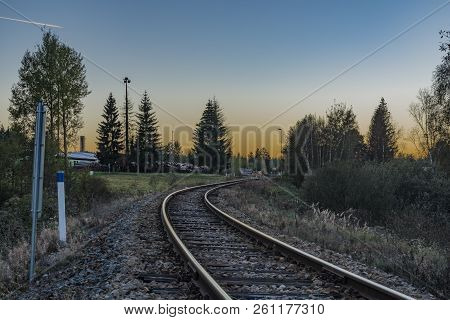 Railroad Track Near Zbytiny Station In Sunset Time In Sumava National Park