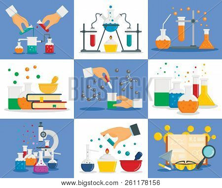 Chemistry Reaction Banner Set. Flat Illustration Of Chemistry Reaction Vector Banner Set For Web Des