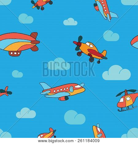 Seamless Pattern Of Air Transport On A Blue Background With Clouds. Illustration For Textiles And Wa