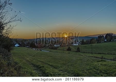 Zbytiny Village In Sunset Time In Autumn Evening In Sumava National Park