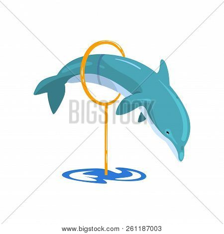 Dolphin Jumping Through A Ring, Sea Animal Performing In Public In Dolphinarium Vector Illustration 
