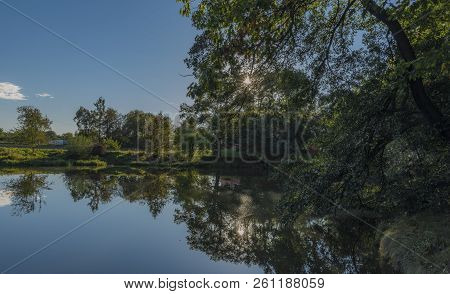 Blue Malse River In Autumn Sunny Evening In Budweis City
