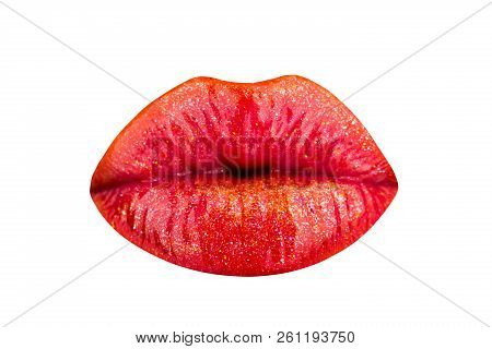 Sexy Lips. Red Lip. Close Up Of Sexy Plump Soft Lips With Red Ipstick. Professional Makeup Lip Gloss