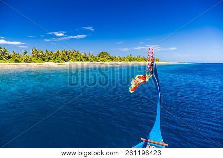 Maldives Traditional Wooden Boat Dhoni, Cruise Next To Perfect Tropical Island. Coral Reef, Palm Tre