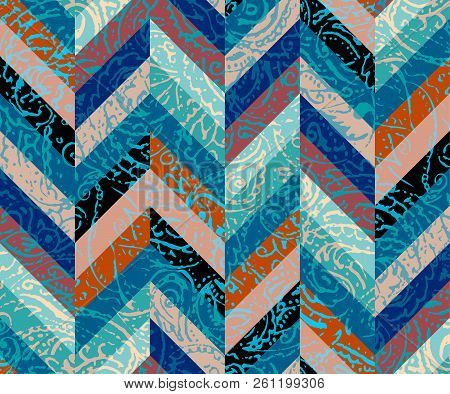 Grunge Paisley Pattern In Collage Patchwork Style.