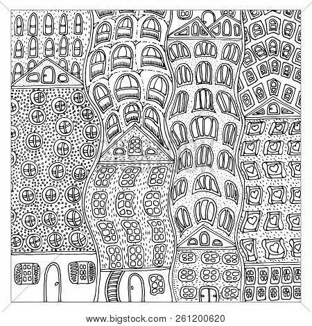 Set Of Doodle Cute Houses. Cozy Cartoon Hand Drawn Buildings In Bright Colors