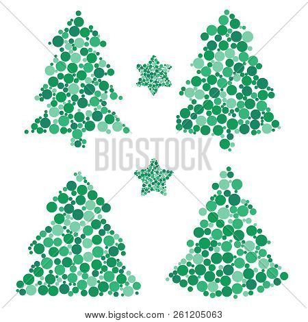 Four Christmas Trees At Greeting Card.  Vector Art With Dots Dif