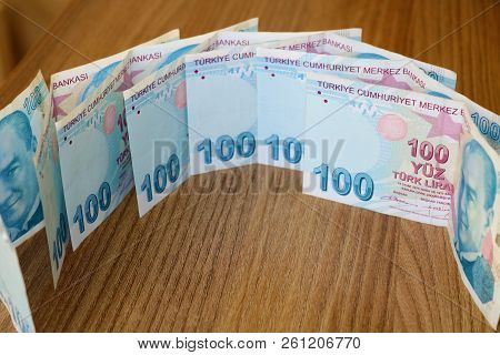 Turkish 100 Lira Banknotes. Turkish Lira Try Or Tl.