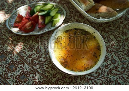 Traditional Azerbaijan Dushbere Soup With Meat Dumplings