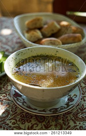 Traditional Azerbaijan Dushbere Soup With Meat Dumplings