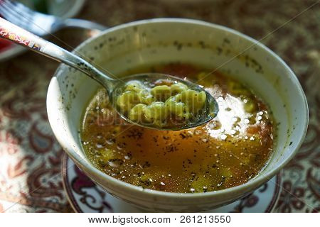 Traditional Azerbaijan Dushbere Soup With Meat Dumplings