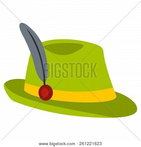 Green Hat With Feather Icon In Flat Style Isolated On White Background Illustration