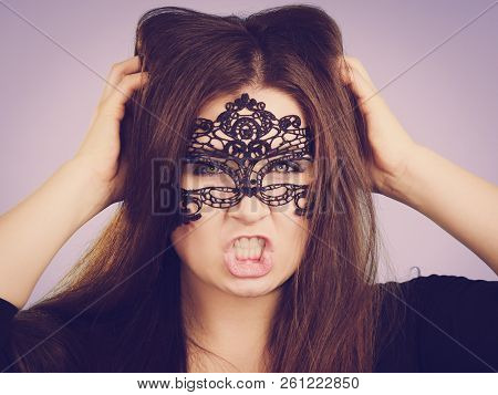 Pretty Mysterious Woman Wearing Black Eye Lace Mask Having Long Brown Hair.