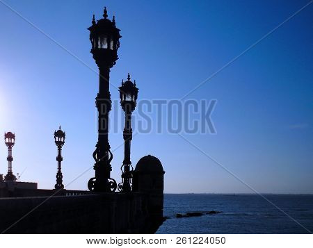 Lampposts Of Light In The Gardens Of Alameda Capital Of Apodaca In Cádiz, Andalusia. Spain Europe.