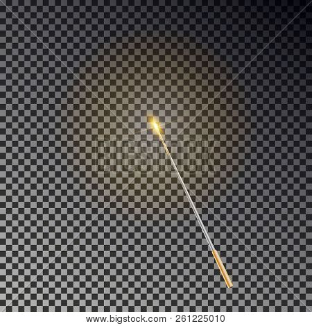 Magic Wand Vector. Transparent Miracle Stick With Glow Yellow Light Isolated On Dark Background. Wiz