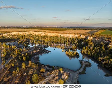 Aerial View Of Sand Quarry In Voronezh Region Beliy Kolodets Or White Well. Beautiful Nature Panoram