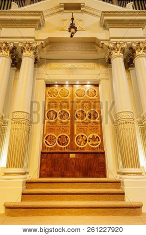 Oakland, California - September 30, 2018: The Torah Ark of Temple Sinai Reform Synagogue. Founded in 1875, it is the oldest Jewish congregation in the East San Francisco Bay region.