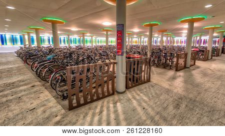 Groningen, Netherlands - November 4, 2016: Modern Indoor Bicycle Parking At Groningen Train Station 