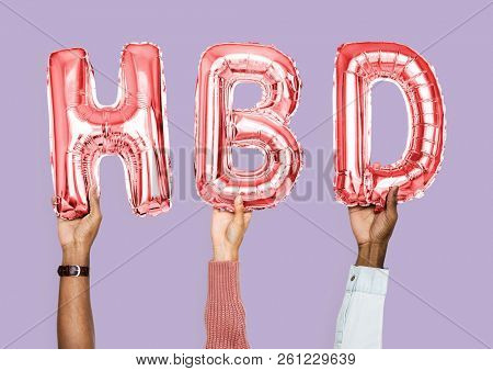 Pink alphabet balloons forming the word HBD