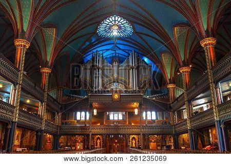 Montreal, Canada - Aug 20, 2012: The Great Casavant Organ At Notre Dame Basilica, Montreal, Features