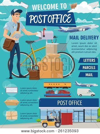 Post Mail Delivery Office Poster For Postage Logistics. Vector Of Postman Or Mailman With Bicycle De