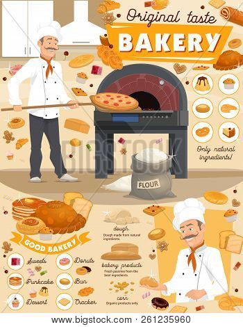 Bakery With Bread And Pastry Products Poster With Baker Putting Pizza In Stove. Sweets And Pancakes,