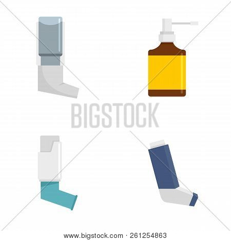 Inhaler Breather Deep Breath Health Care Asthma Icons Set. Flat Illustration Of 4 Inhaler Breather D